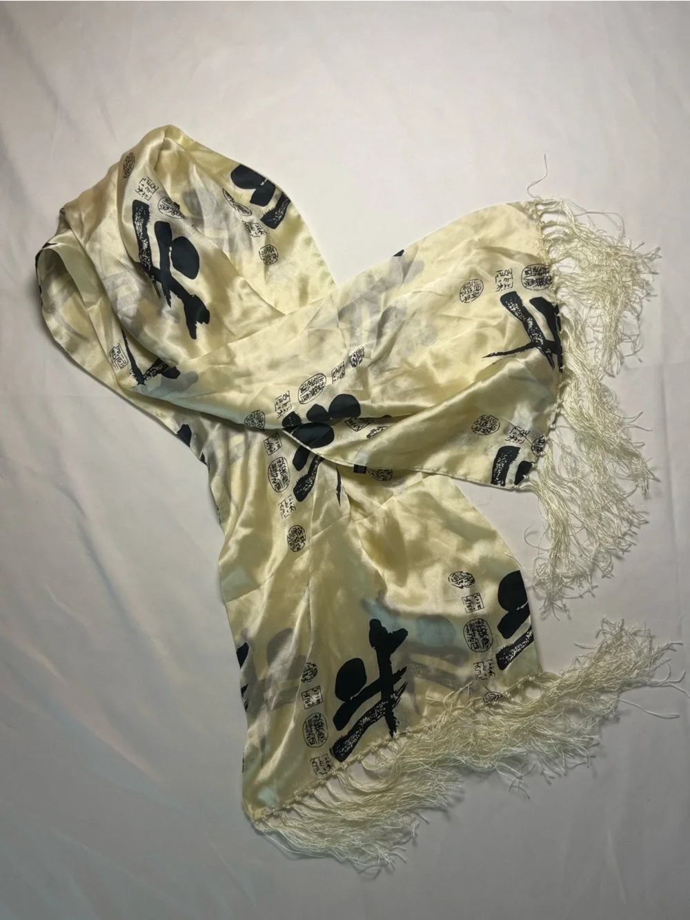 Silky Ivory Scarf with Black Print and Fringe